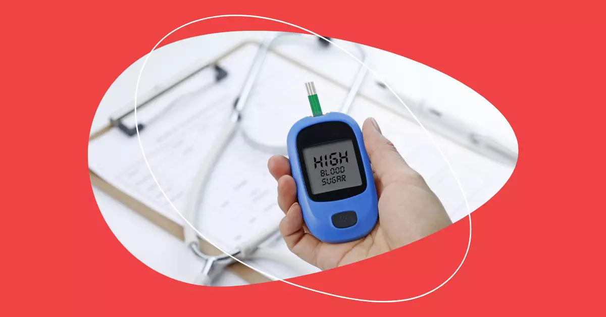 Blood glucose meter measuring blood sugar, the background is a stethoscope and chart file 