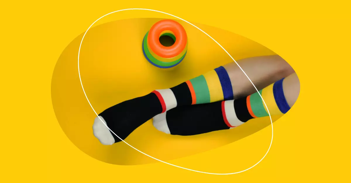 Multicoloured bands in crew length socks